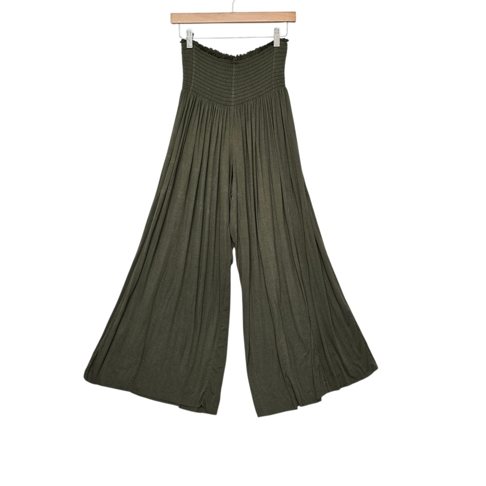 Natural Life Olive Green Smocked Waist Wide Leg Palazzo Pants Large Boho Flowy